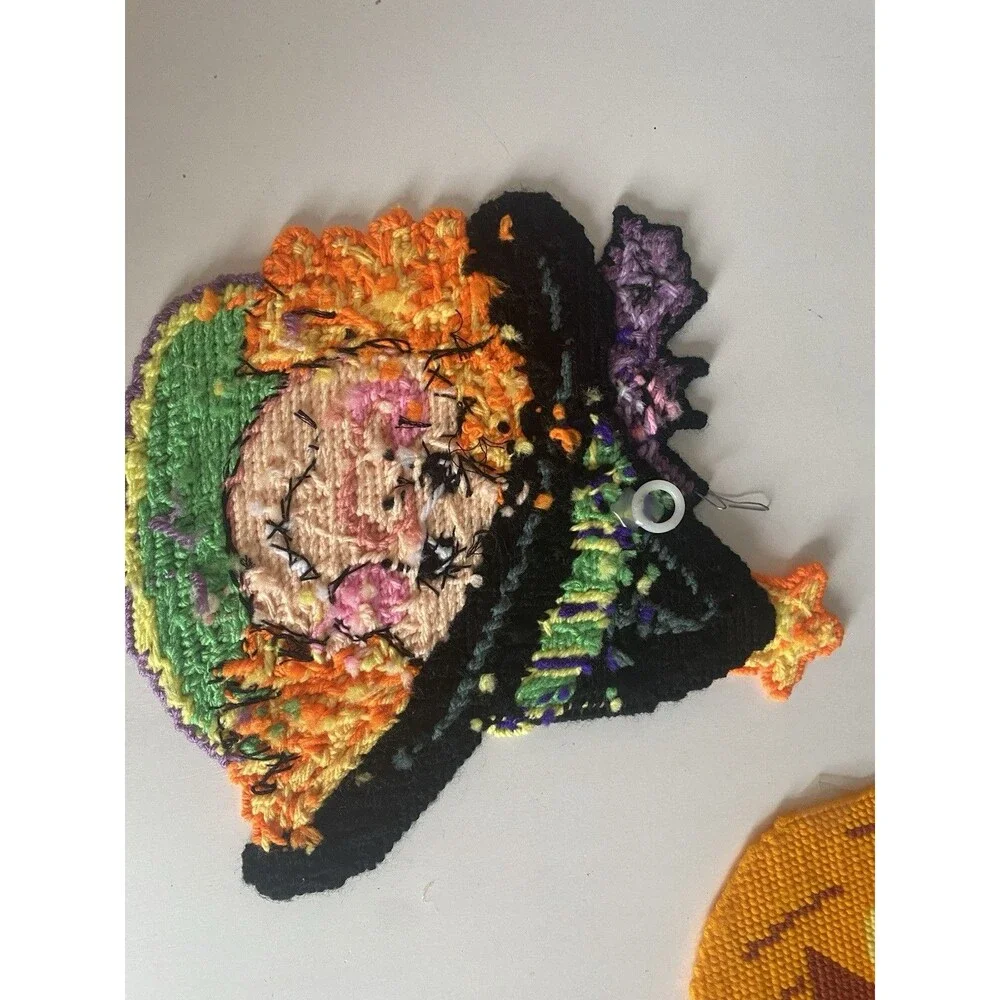 VTG  Halloween Pumpkins Witch  & Cat Wall Hanging Needlepoint Plastic Canvas